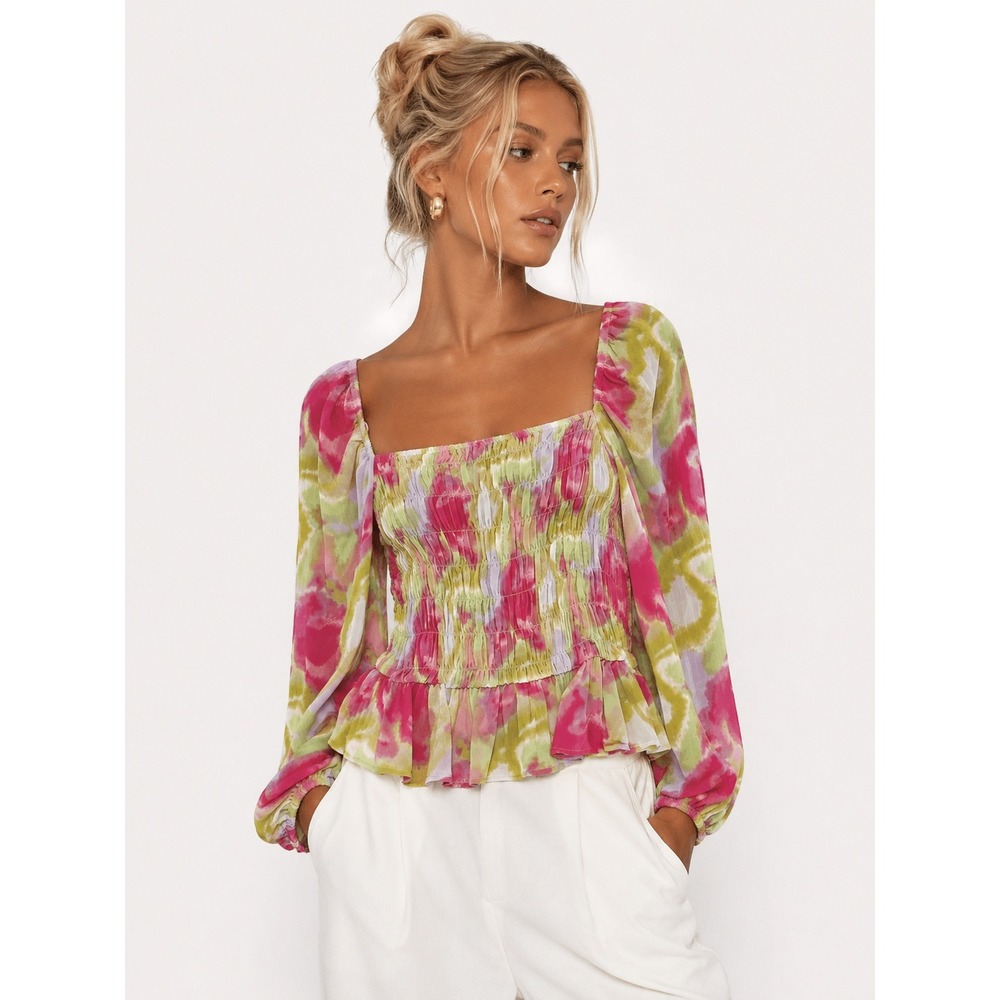 The Drop Smocked Peplum Blouse Pink Yellow Square Neck Balloon XL NWOT New
